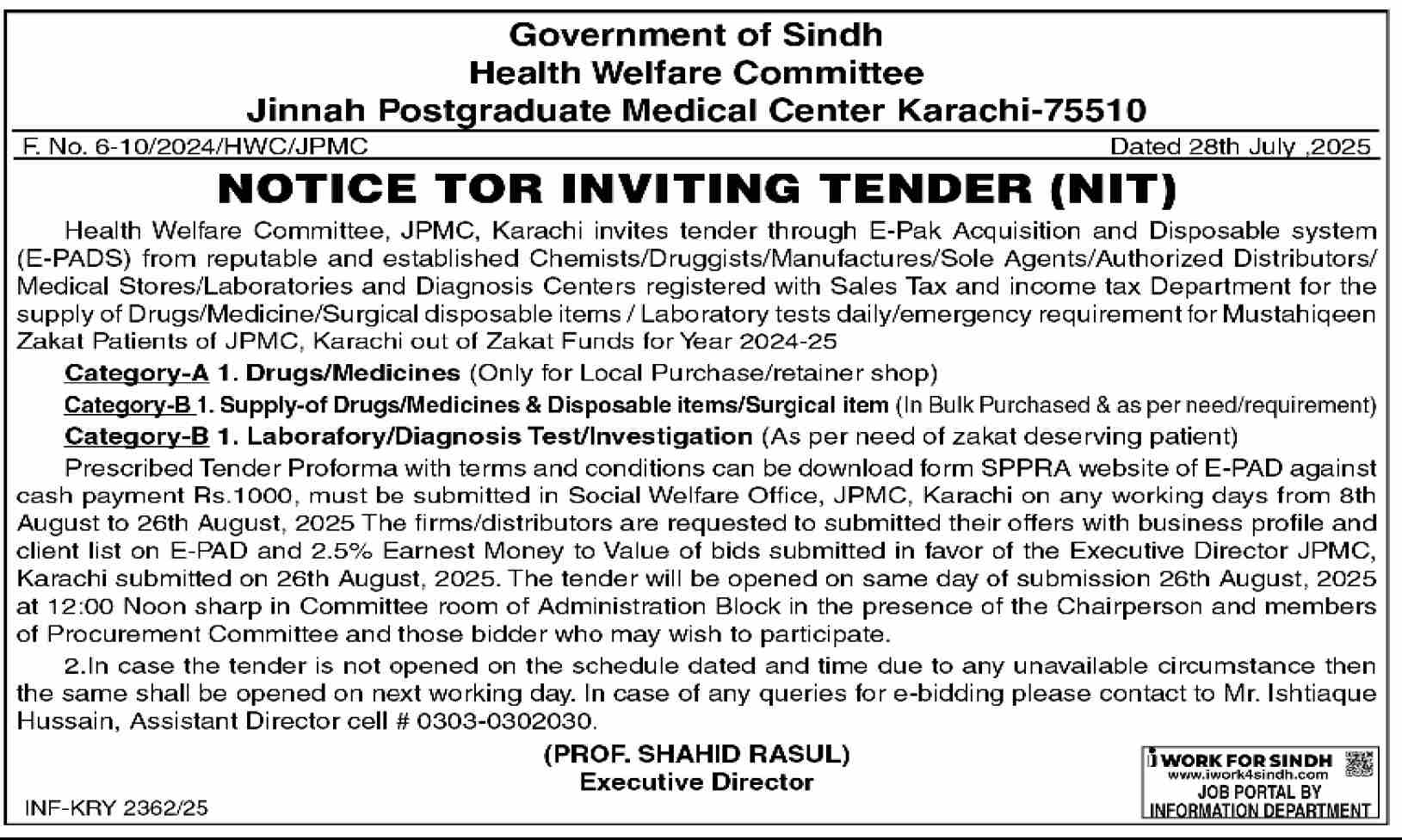 Health Welfare Committee Karachi Tender Notice